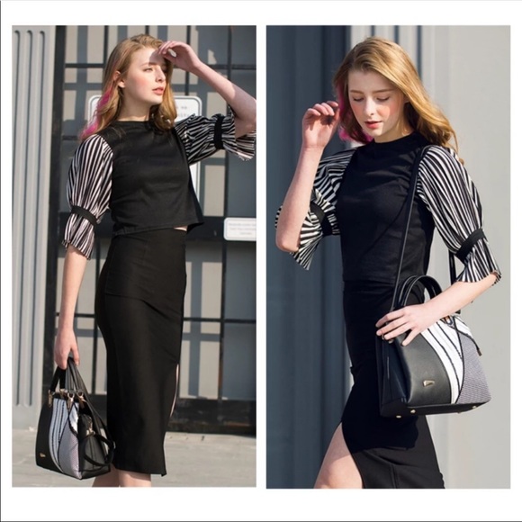 Pink, Black & White Striped Handbag - Picture 4 of 10